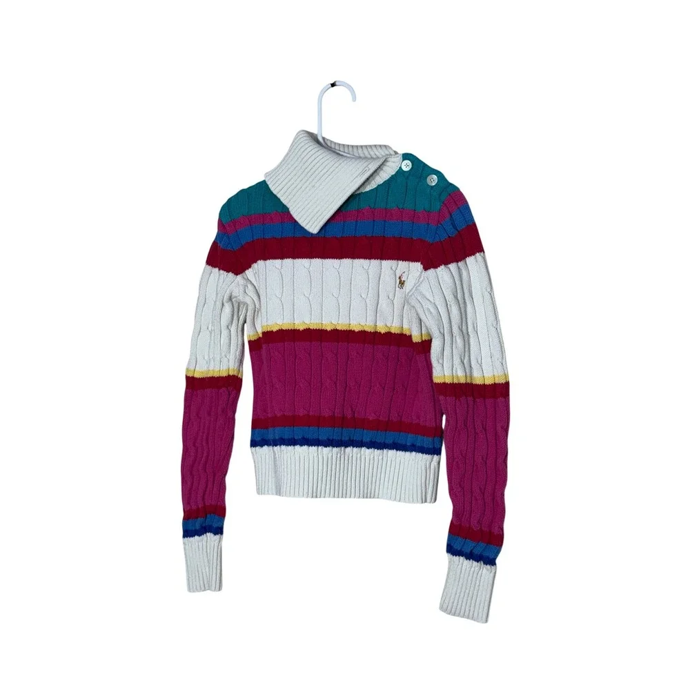 Ralph Lauren Kids Multi Color Striped Cable Knit Turtleneck Sweater Size M 8/10